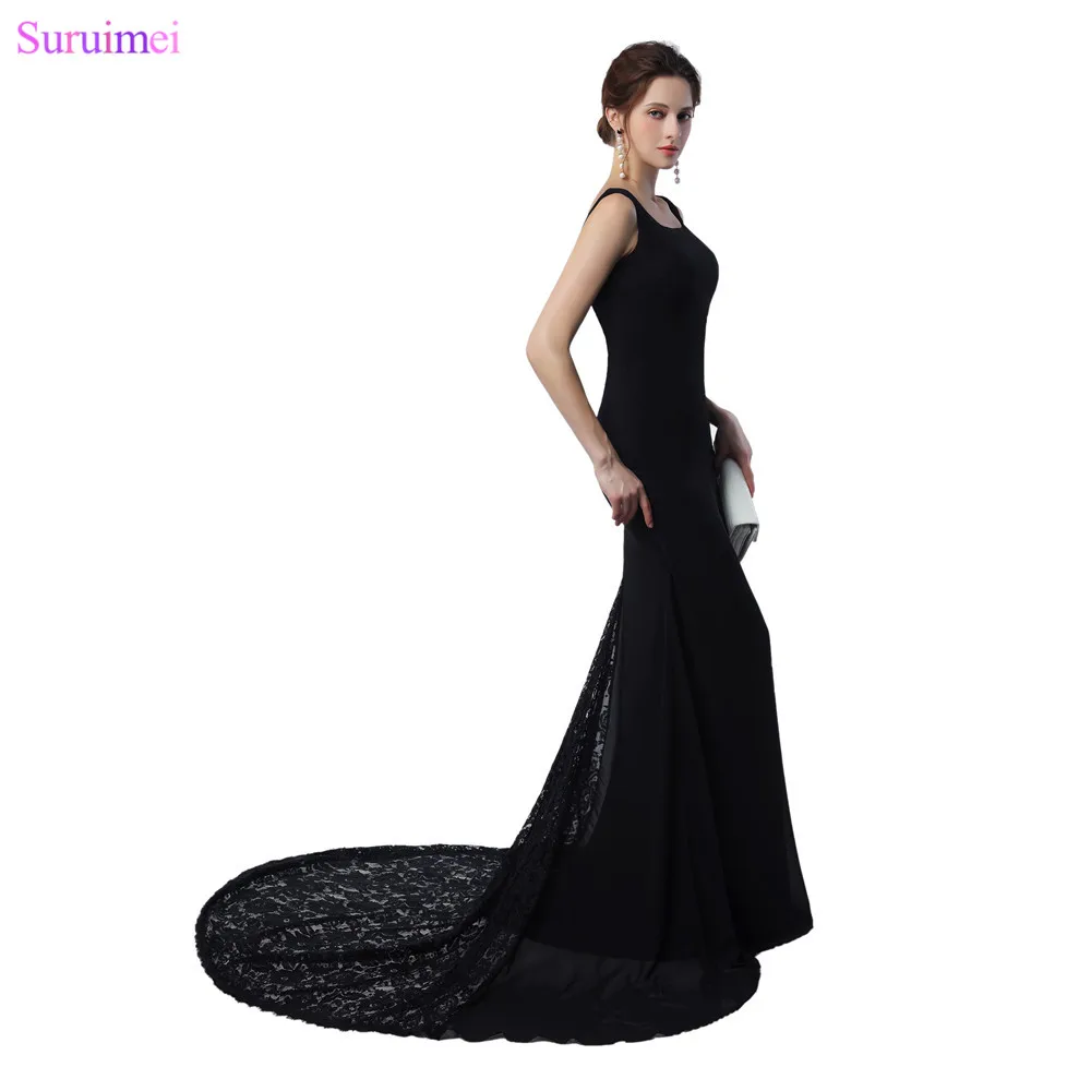 ^Cheap Lange Chiffion Prom Gown Mermaid Vrouwen Jurk met Korte Kant Trein Met Bandjes Floor Lengte Black Prom Jurken