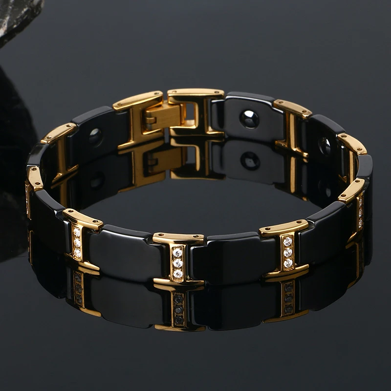 Koop Luxe Mannen Gouden Armband Gezondheid Zwarte Keramische Bio Magnetische Germanium Armbanden Mannen Hand Chain Link Crystal Roestvrij Sieraden