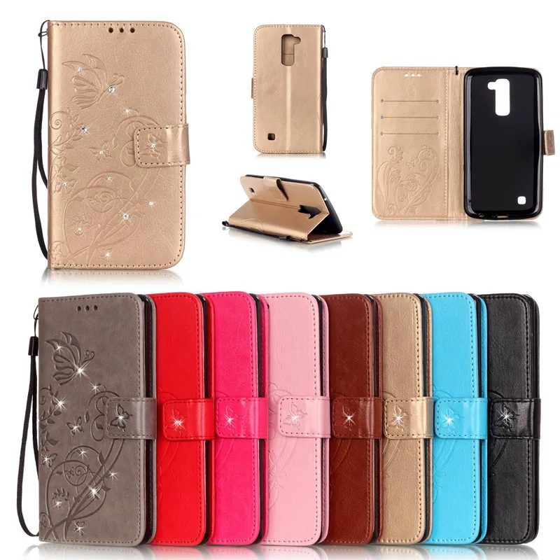 

Luxury Diamond Book Style PU Leather Flip Butterfly Case Cover For LG K4 K7 K10 Lte K120e K130e K 4 Tribute 5 Phone Bags+Strap