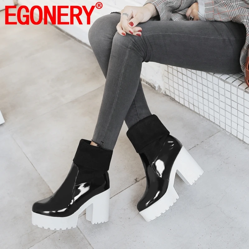 

EGONERY punk woman mid-calf boots patent leather stretch women boots winter outdoor party platform high heels round toe shoes