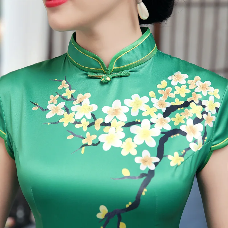 Китайский Cheongsam атласная Sexy Тонкий цветочный Повседневное Винтаж женское платье зеленый традиционные короткие платья S-XXL
