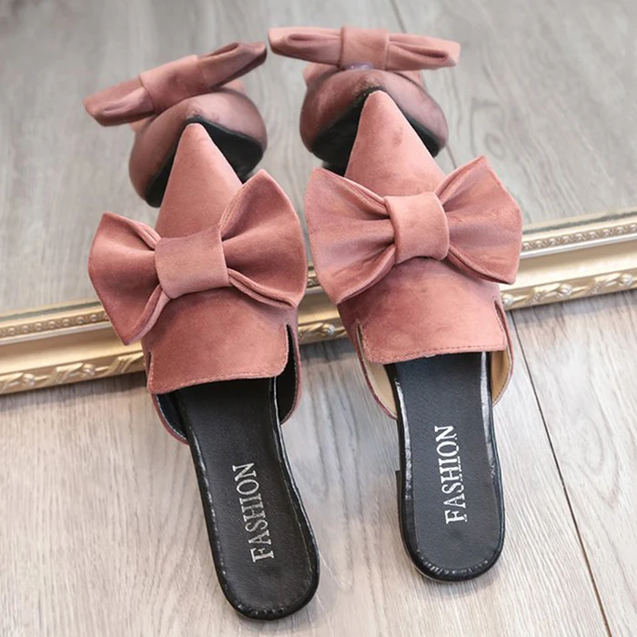 

2019 women sandals flat mules bow shoes pointed Toe Loafer Fashion woman slippers black pink green shoes sexy chic sandals