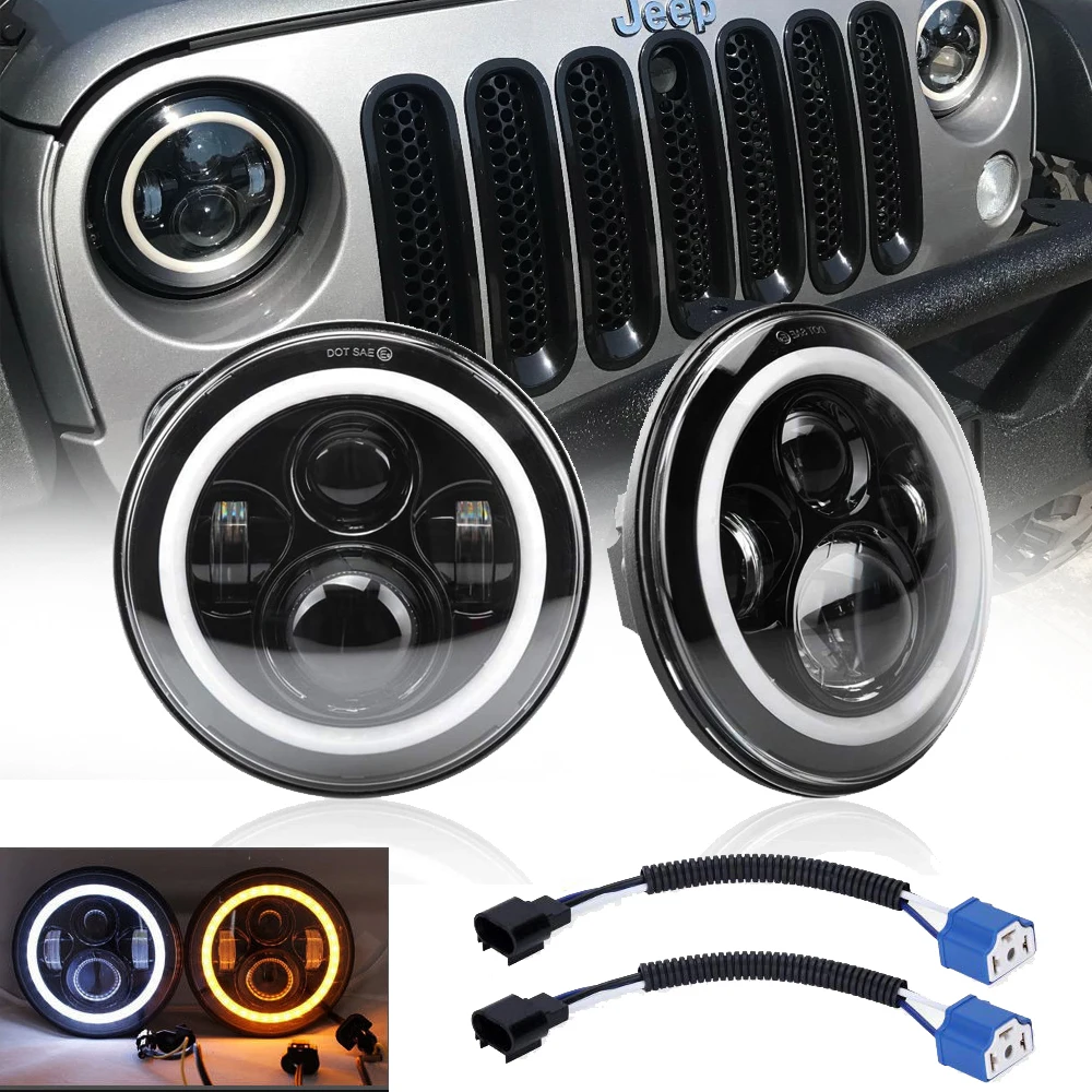 Мотоцикл 7 &quotсветодиодный фары 60 Вт Hi Lo Beam Halo Angel Eye DRL Янтарный указатель поворота