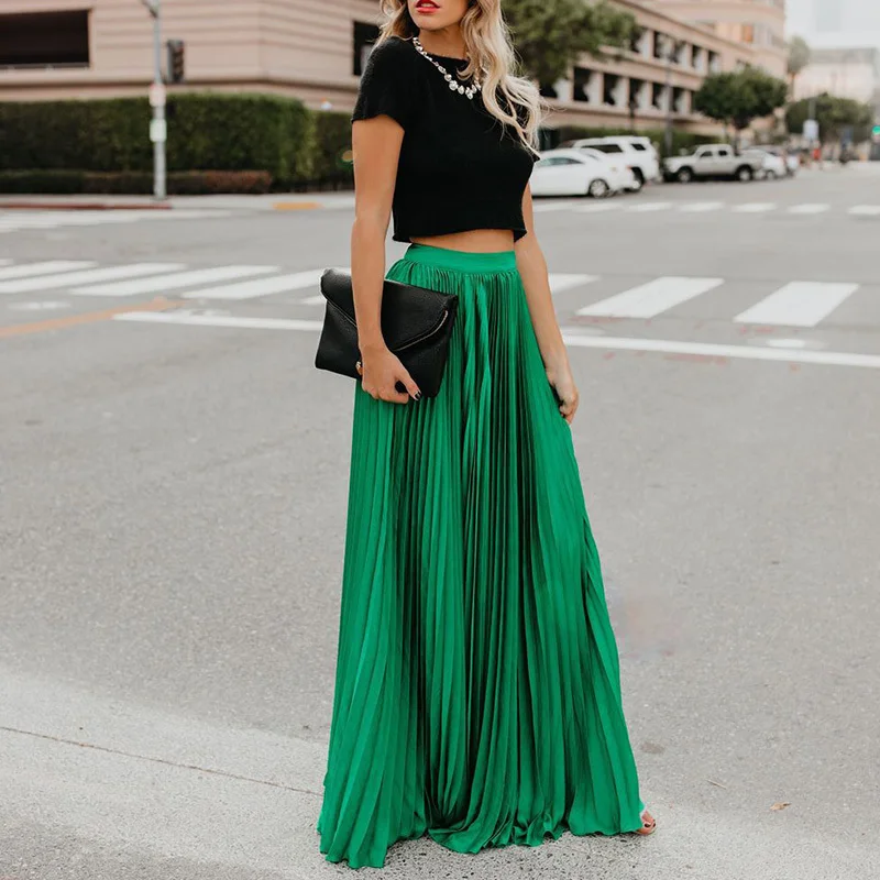 Holiday Style Pleated Women Skirts Ladies Solid Color Elastic High Waist Skirt Autumn Spring Casual Long Maxi Skirt Falda Larga