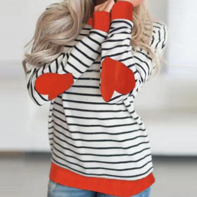 

Women Casual Striped Tops T Shirt Spring Autumn Women Red Heart Printed Long Sleeve Female Loose Cute Top Tees Shirt Femme