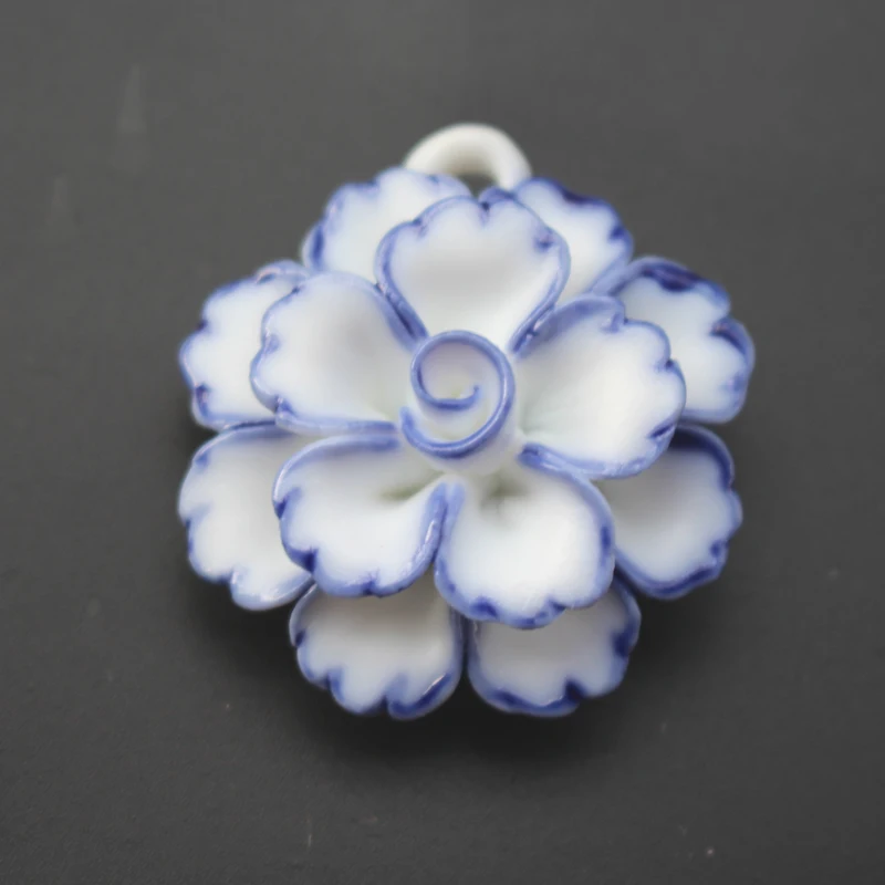 

36mm Ceramic Necklace Pendant Double level flower White with blue for Women F5