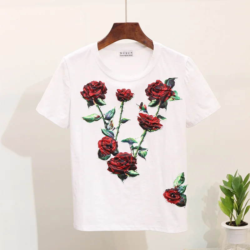 Модная футболка Женская топы весна лето 2019 Новый Тяжелый Бисероплетение