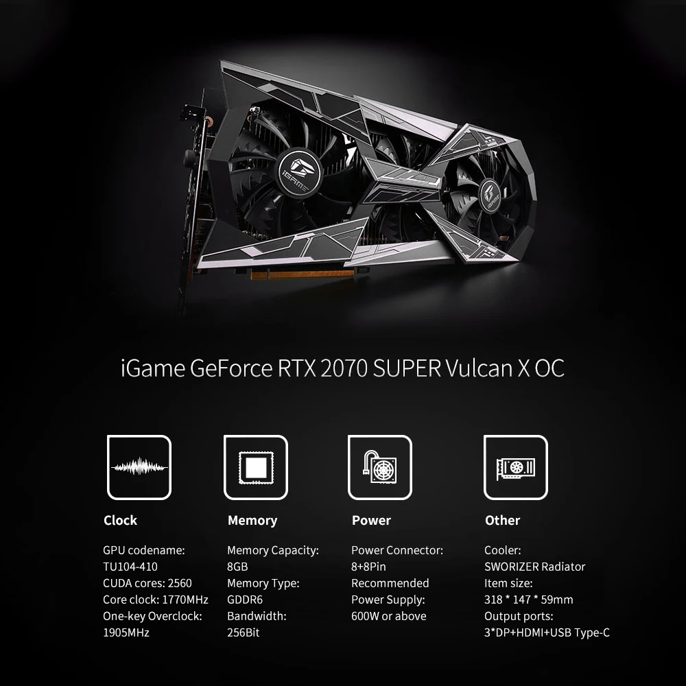 Цветная графическая карта iGame GeForce RTX 2070 Vulcan X OC GDDR6 8G iGame динамическая подсветка 256Bit