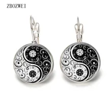 Хит!, стеклянные выпуклые серьги, белые и черные, Инь Ян, художественное изображение, серьги-гвоздики, новые ювелирные изделия, серебро/бронза