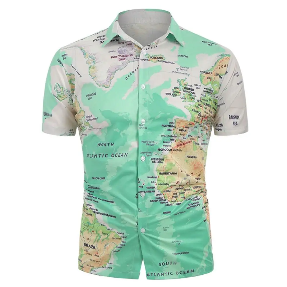 Летняя мужская Повседневная рубашка с принтом карта мира на пуговицах, топ, красивая блузка, camisa masculina hombre, Прямая поставка D - Цвет: Green