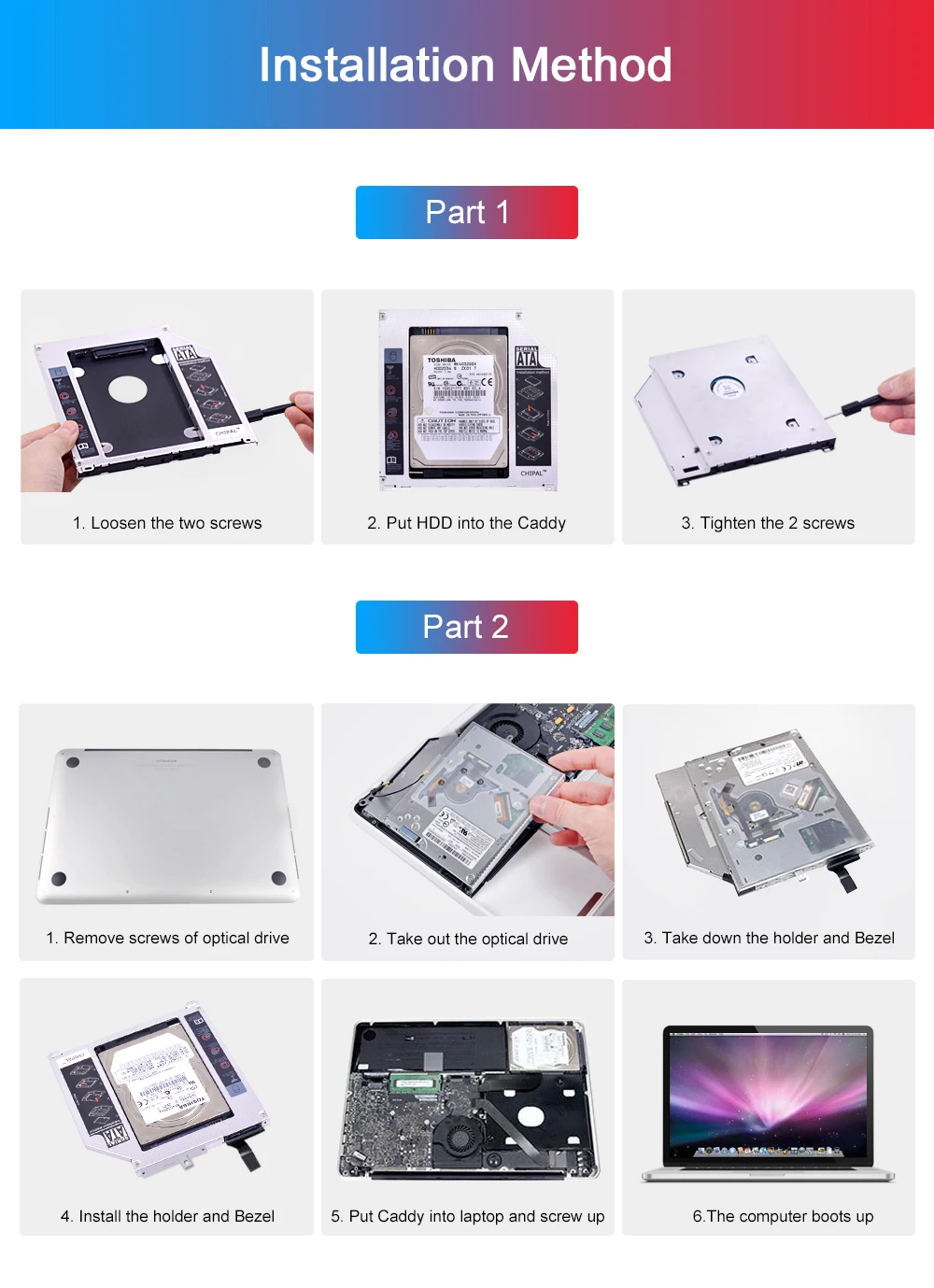 CHIPAL алюминиевый 9,5 мм 2nd Second HDD Caddy SATA 3 2," чехол для SSD, HDD для Apple Macbook Pro Air 13" 1" 17" DVD/CD-ROM Optibay