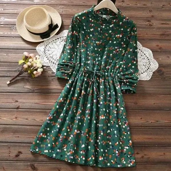 

Japanese Mori Girl Autumn Winter Kawaii Dress Ruffled Collar Polka Dot Navy Blue Green Vestido Mujer Vintage Sweet Dress DC679