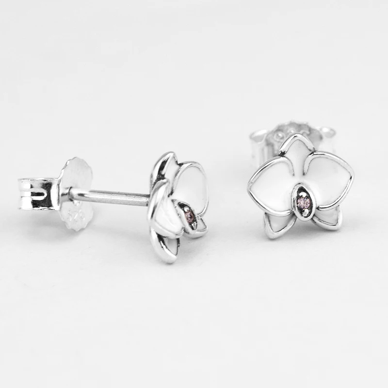 

100% 925 Sterling-Silver-Jewelry Orchid Stud Earring with White Enamel Free Shipping