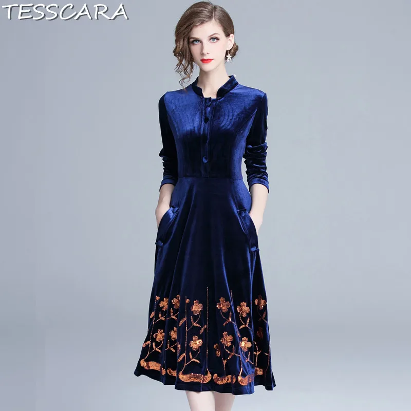 TESSCARA, женское осеннее и зимнее элегантное бархатное платье, рубашка Festa, женские дизайнерские вечерние платья с блестками, винтажное украинское платье, Femme