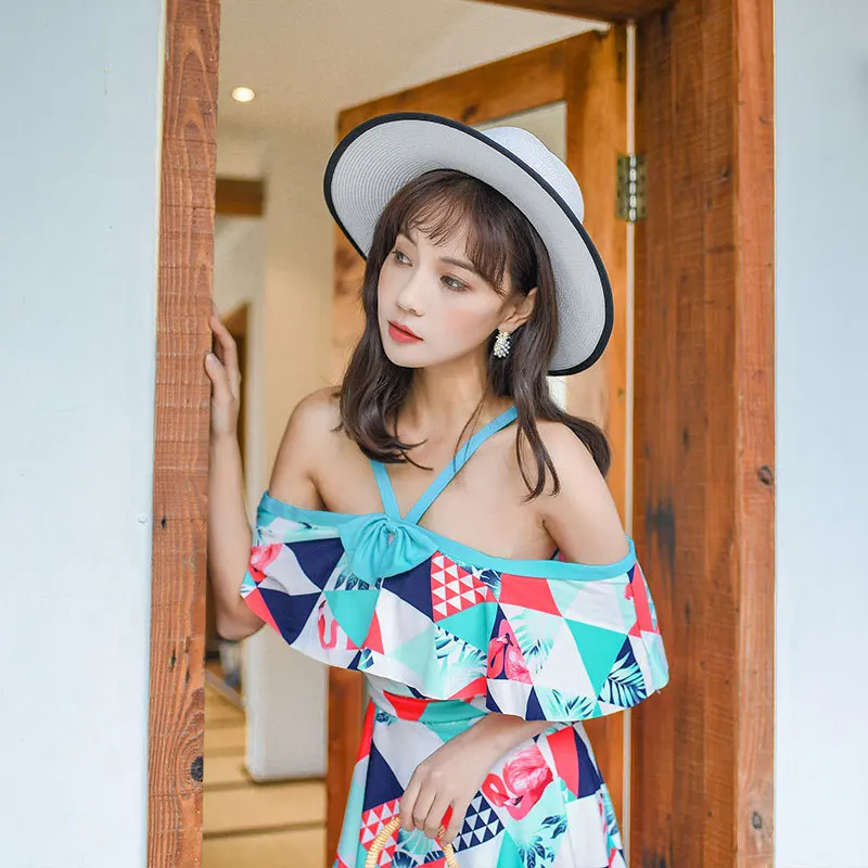 

2019 South Korean Female Swimsuit Skirt Conservative Bodysuit Small Chest Spa Suit Beachwear Bikini