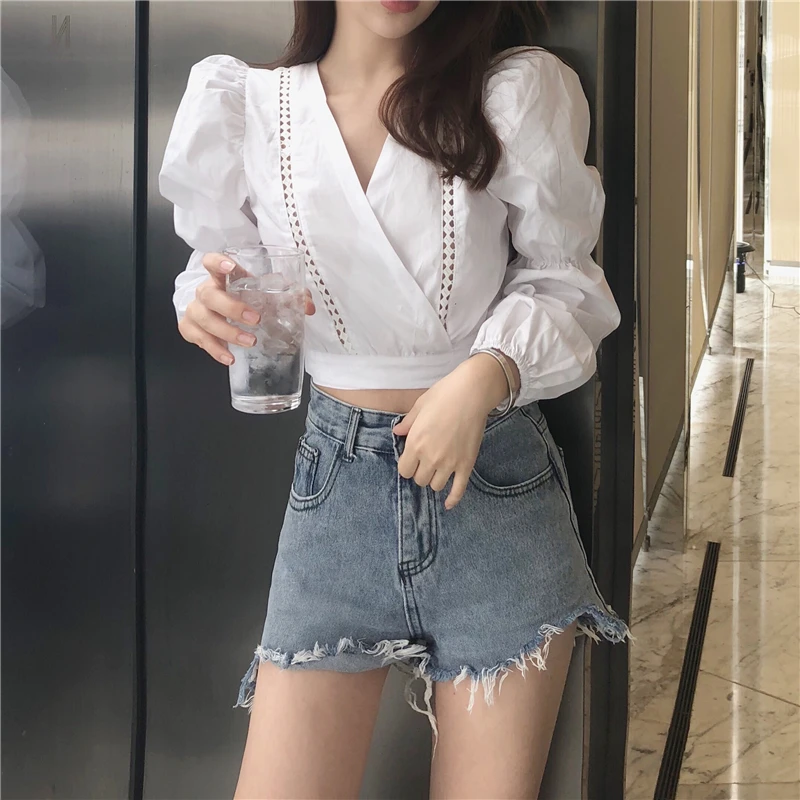 

Cross V Neck Puff Sleeve Blouse Cropped Top Women Shirt Sexy Petite Puff Sleeve Hollow Out Chemise Femme Chemisier Blusa Mujer