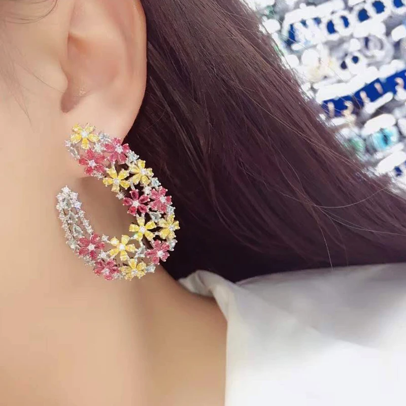 HIBRIDE элегантные женские серьги из Кубического циркония с красным цветком Brincos золотого цвета, ювелирные изделия для невесты, свадебные украшения, E-913