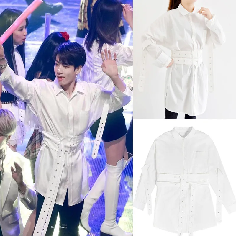 BTS Bangtan мальчики белая рубашка JUNG KOOK длинная секция Свободная рубашка K-POP Корейская уличная мужская женская рубашка Летняя популярная