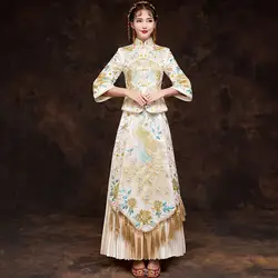 Шампанское Традиционный китайский свадебное платье вышивка Cheongsam кисточкой Qipao платья Ретро Халат невесты традиции S-XXL