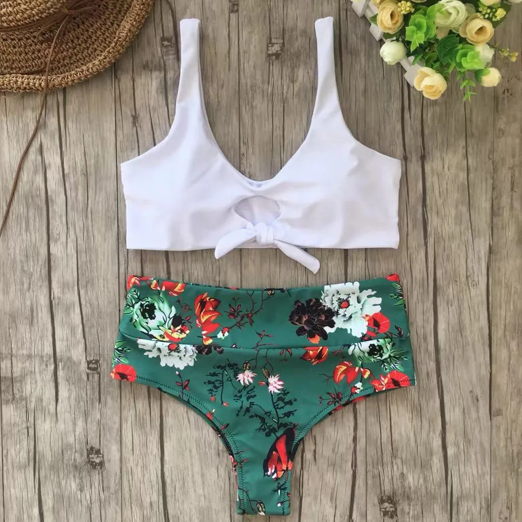 

vikinis para mujer 2019 Women Knotted Padded Thong Bikini High Waisted Scoop Swimsuit Beach Swimwear