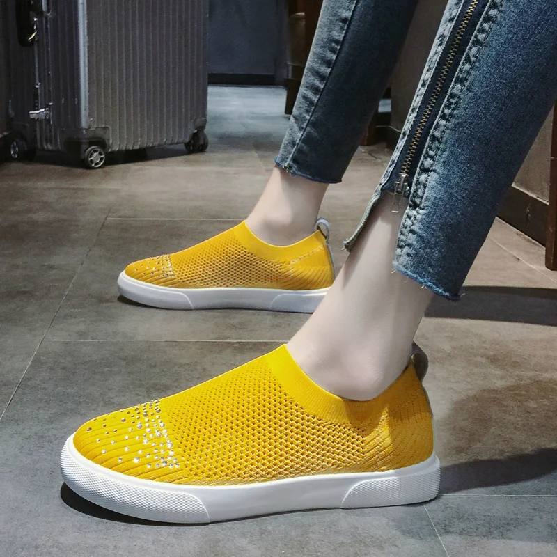 

Women Spring Summer Sneakers Knitting Sock Casual Shoes Slip on Flat Mesh Breathable Soft Bottom Ladies Shoes2019