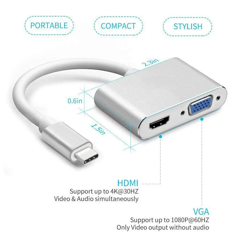 White USB C к HDMI+ VGA, usb type C(Совместимость с Thunderbolt 3) к HDMI 4K+ VGA адаптер, совместимый MacBook Pro/Chromebook Pixel - Цвет: White