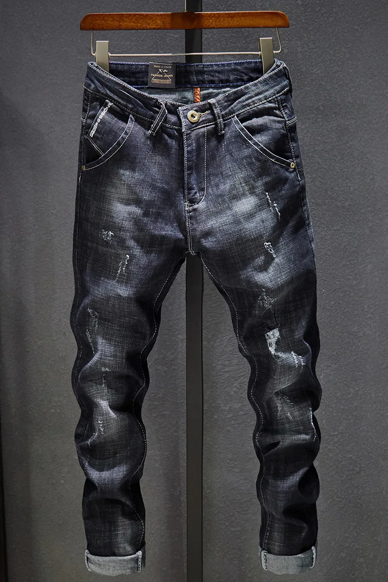 Мужские джинсы с дырками ностальгические джинсы джинсовые Брендовые мужские черные джинсы Размер 28-36 Классический прямой крой брюки с дырками - Цвет: 822