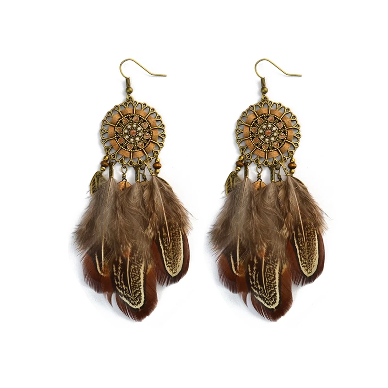 

New Style Dream Catcher Vintage Big Hollow Flower&Leaf Bohemia Earring For Women Long Feather Tassels Earrings Jewelry
