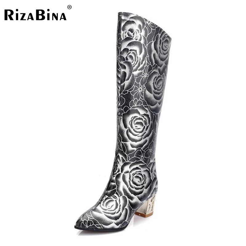 

RizaBina size 33-48 women print high heel over knee boot winter warm pointed toe knight long boot footwear heels shoes P21741
