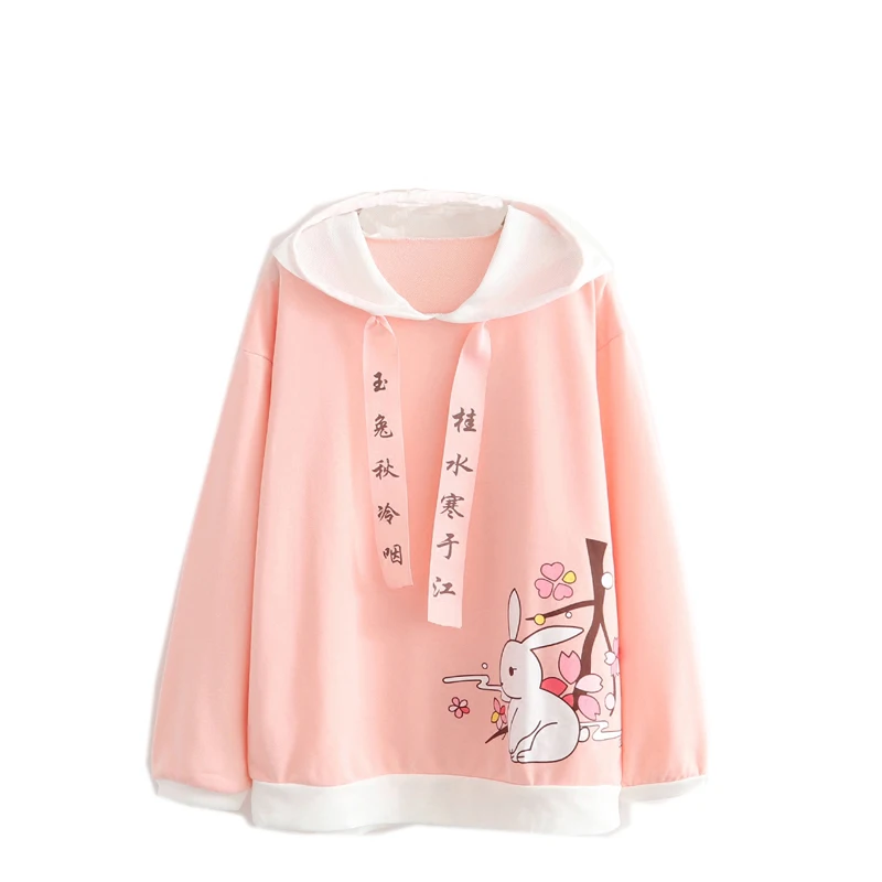 Японский Femalel Симпатичные Аниме Графический розовый толстовки пуловер Mori Girl Kawaii Кролик мультфильм слова Moletom Kpop толстовки с капюшоном