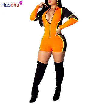 

HAOOHU Mesh Splicing Sexy Playsuits Women Moto Biker Front Zip One Piece Long Sleeve Shorts Jumpsuit Bodycon Rompers Overalls