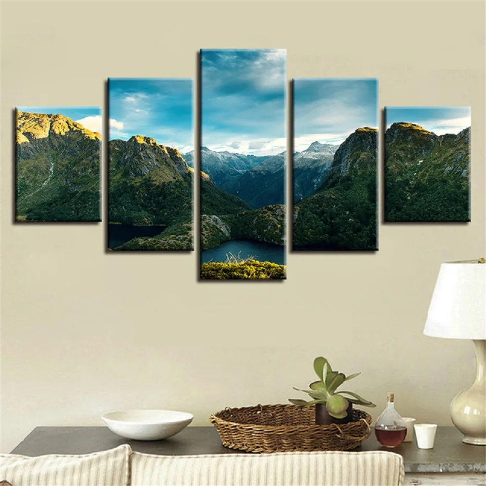 Wall Decor HD Printing Framework Modular Canvas Pictures Art 5 Pieces Green Mountain Lakes Beautiful Landscape Posters Paintings | Дом и сад