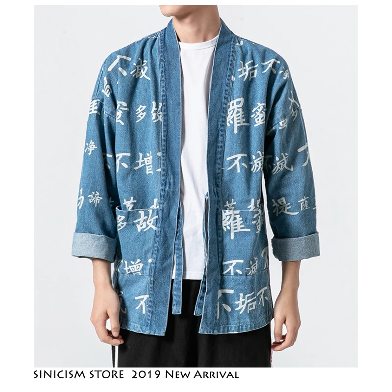 Sinicism Store Men Black Kimono Jackets 2019 Mens Letter Streetwear Denim Jacket Male Chinese Hip Hop Wind Breaker Plus Size