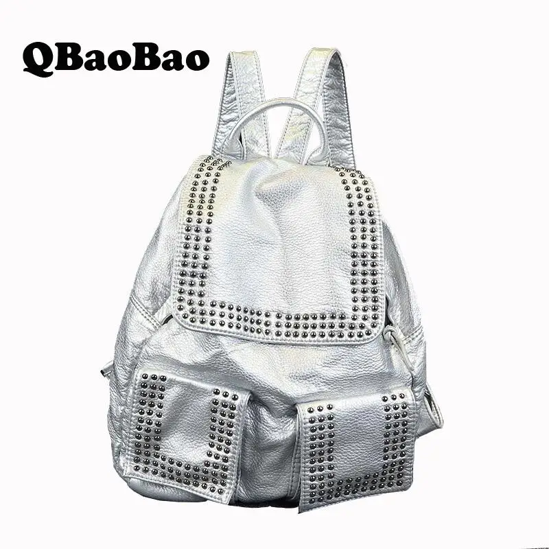 Sheepskin Real Leather Women Backpack Rivet High Quality Back Pack Casual Travel School Bag Large Capacity Female Girls Bag