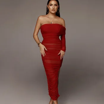 

Europe and the United States hot sell sexy Net yarn single sleeve dress open fork of inclined shoulder hot style apricot red