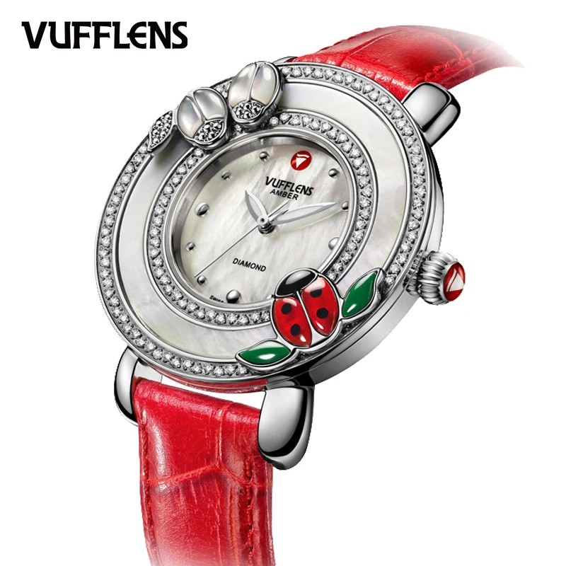 

VUFFLENS Authentic Women Watches Belts Fashionable Seven-Star Ladybug with Diamonds V223.72