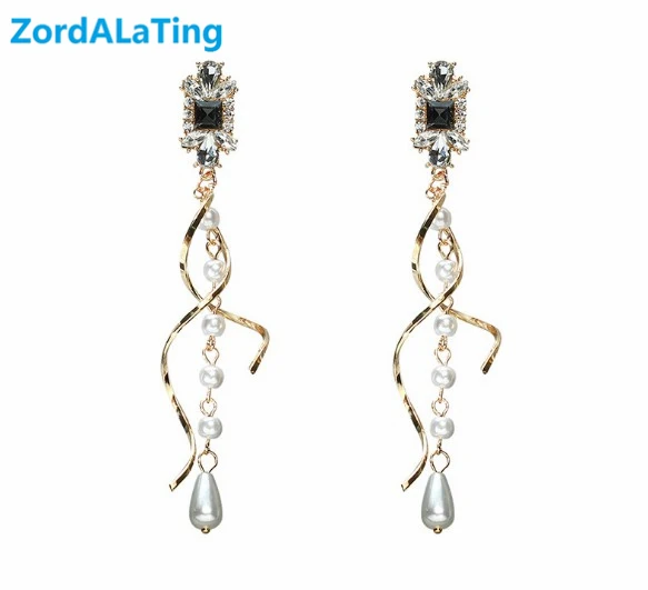 

2019 new fashion exaggerated golden rhinestone pearl long tassel earrings for women temperament celebrity topgrade jewelrybijou
