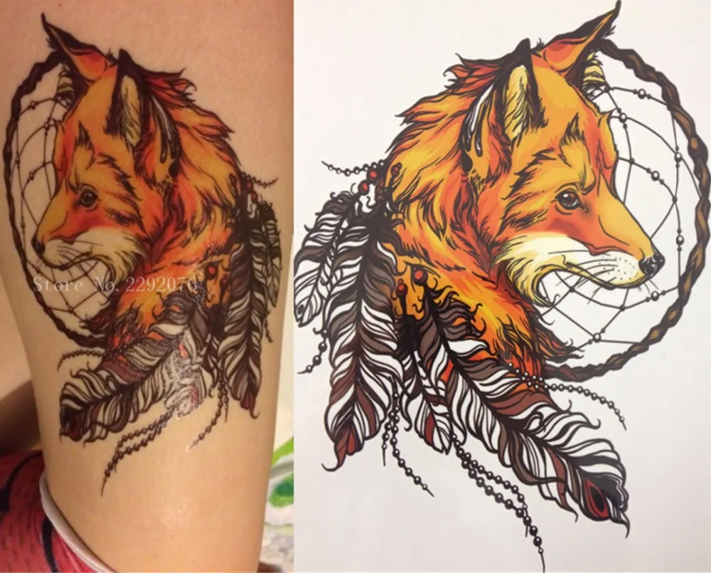 

2017 set 1-2-3 CM Yellow Fox and Feather Cool Beauty Tattoo Waterproof Hot Temporary Tattoo Stickers