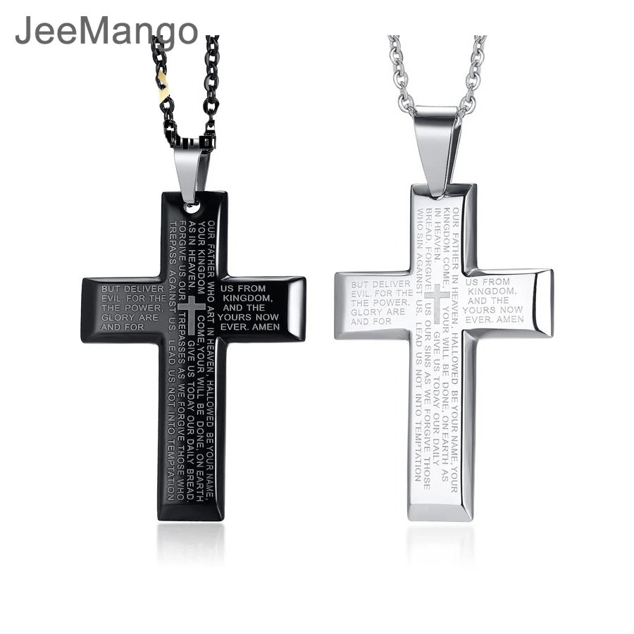 

JeeMango Punk Mens Bible Cross Pendant Necklace Stainless Steel In Black Silver Regilous Christian Male Choker Jewelry N18307