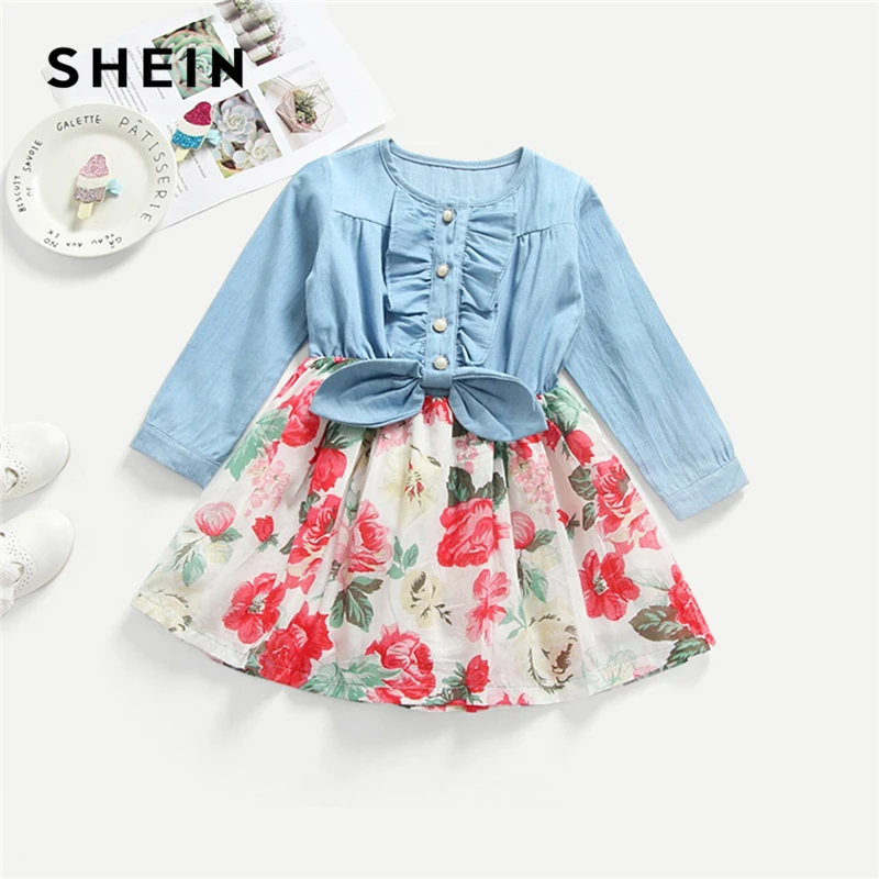 SHEIN Kiddie Frill Trim Floral Print Pearls Knot Casual Toddler Girls Dress 2019 Spring Long Sleeve Girl Party Kids Dresses SHEIN Kiddie Frill Trim Floral Print Pearls Knot Casual Toddler Girls Dress 2019 Spring Long Sleeve Girl Party Kids Dresses