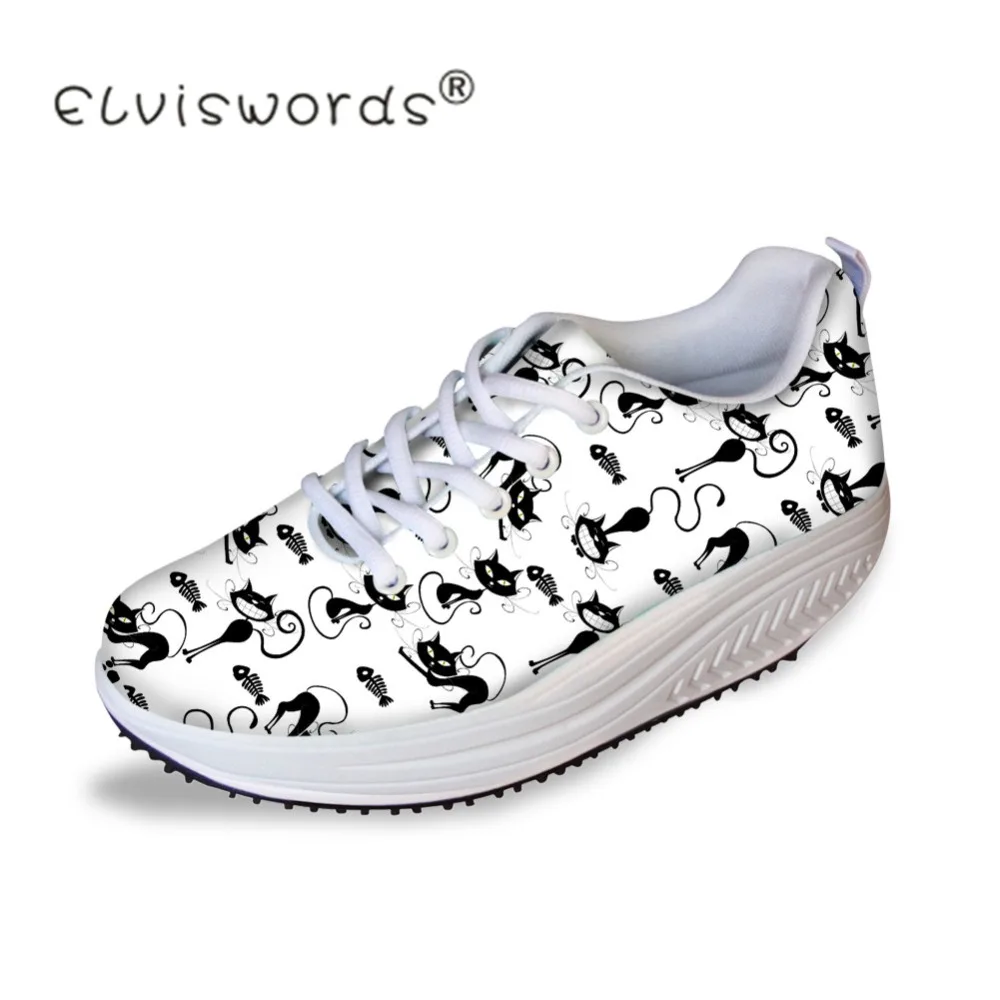 

ELVISWORDS Cute Cartoon Printed Woman Casual Height Increasing Shoes Ladies Cat Girls Breathable Lace-up Platform Swing Shoe