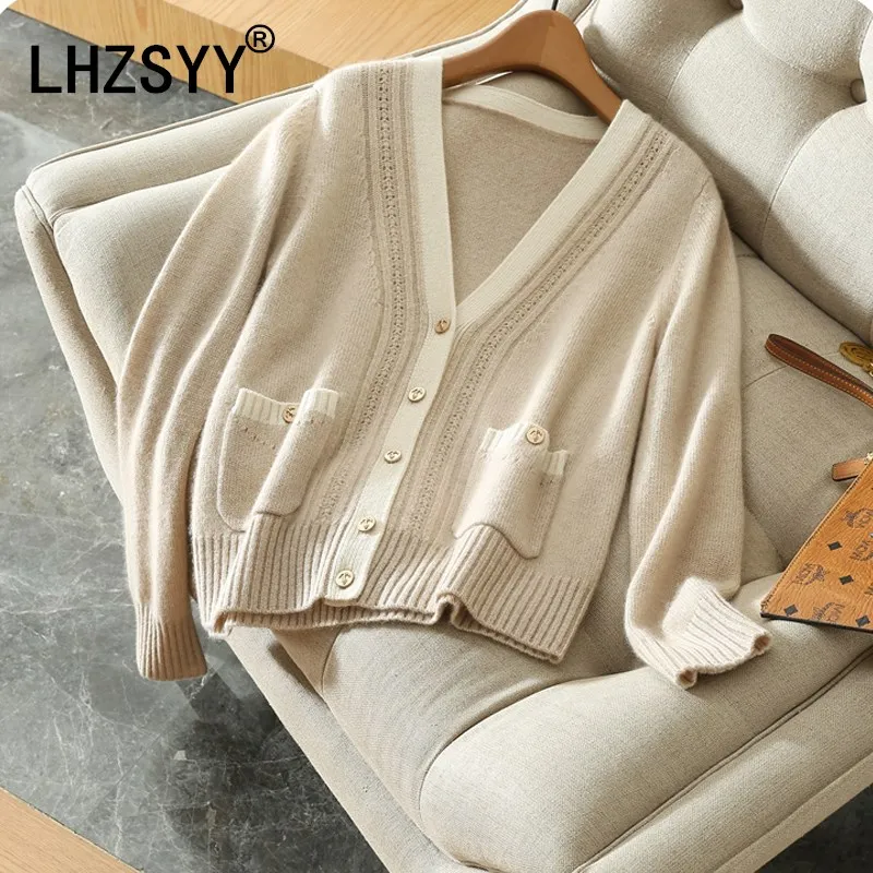 

LHZSYY 2018 Spring Autumn New Women's Cashmere Cardigan V-Neck Loose spell Color Fashion Jacket Wool Knit Cardigan Shirt Short