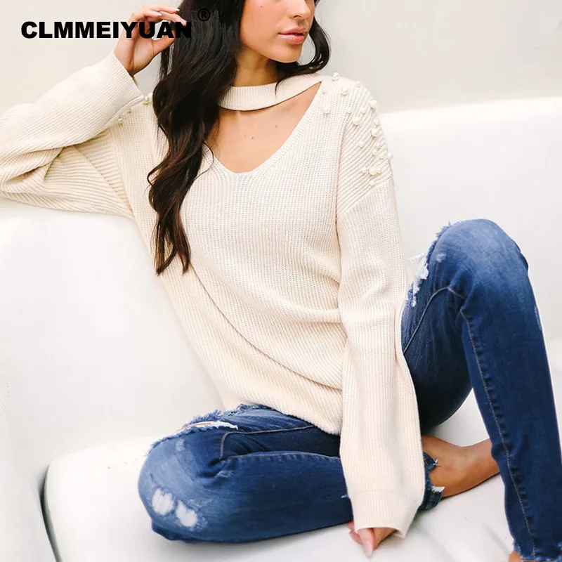 Autumn and Winter 2018 Women Tops Halter Pearl Sweaters Pullovers Elegant Cozy Knit Sweater Casual Loose Warm Jumpers Femme | Женская