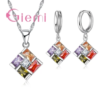 

Gorgeous Rainbow Colorful Zircon 925 Sterling Silver Wedding Jewelry Sets Women Square Pendant Necklace Hoop Earrings Sets