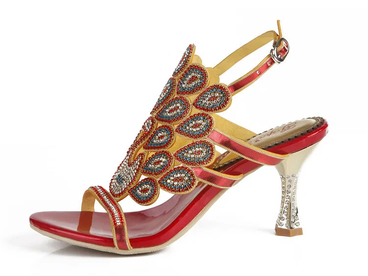 G-sparrow 2018 Summer New Korean Sexy Red Rhinestone Sandals Stiletto High Heel Diamonds Comfortable Womens Shoes Large Size14