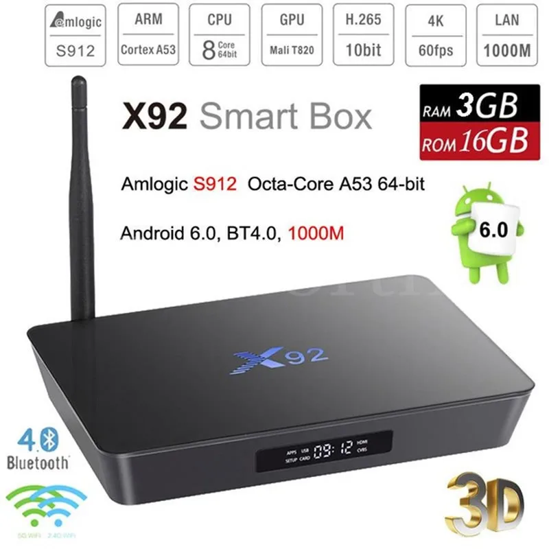 

2GB/16GB 3GB/32GB X92 Amlogic S912 Android 6.0 TV Box Octa Core Kodi 16.1 Fully Loaded 5G Wifi 4K H.265 X92 Smart Set Top Box