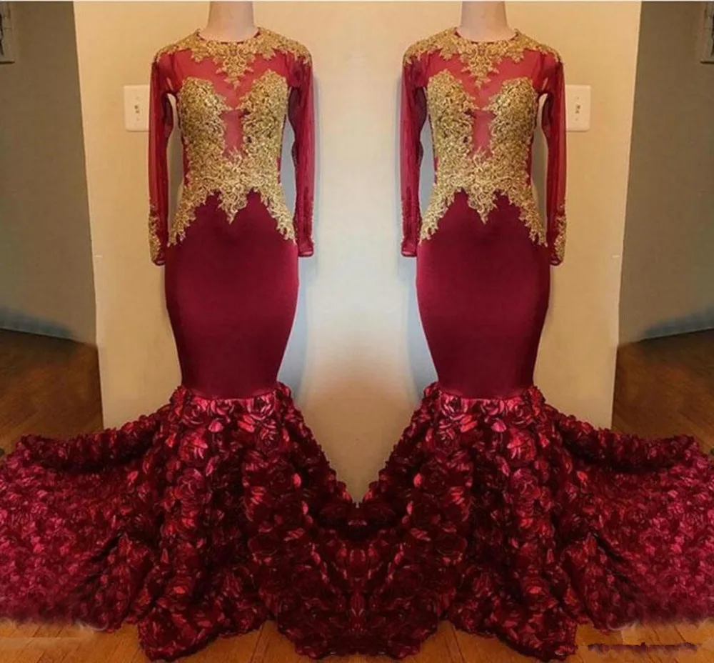 Bourgondië Lange Mouwen Gouden Kant Applique Avond Formele Jurken Jewel Hals 3D Bloemen Rok Mermaid Gelegenheid Prom Dress Bourgondië Lange Mouwen Gouden Kant Applique Avond Formele Jurken Jewel Hals 3D Bloemen Rok Mermaid Gelegenheid Prom Dress