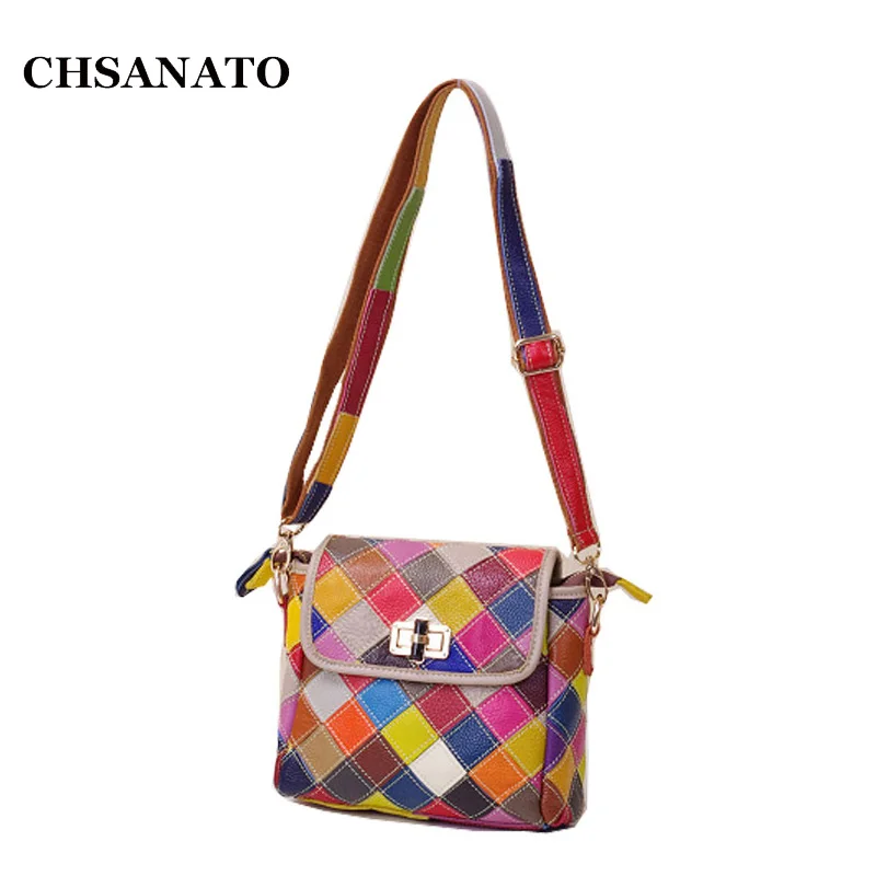 Genuine Leather Women's Shoulder Bag Fashion Patchwork Plaid Women