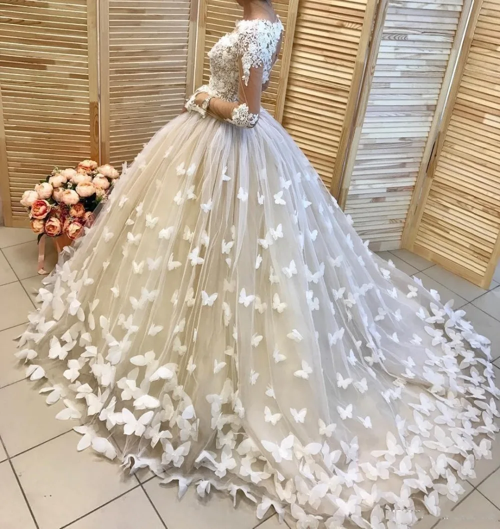 Свадебные платья Дубай пышные vestido de noiva robe de mairee аппликации бабочка свадебное платье Индивидуальные с длинным рукавом свадебные платья