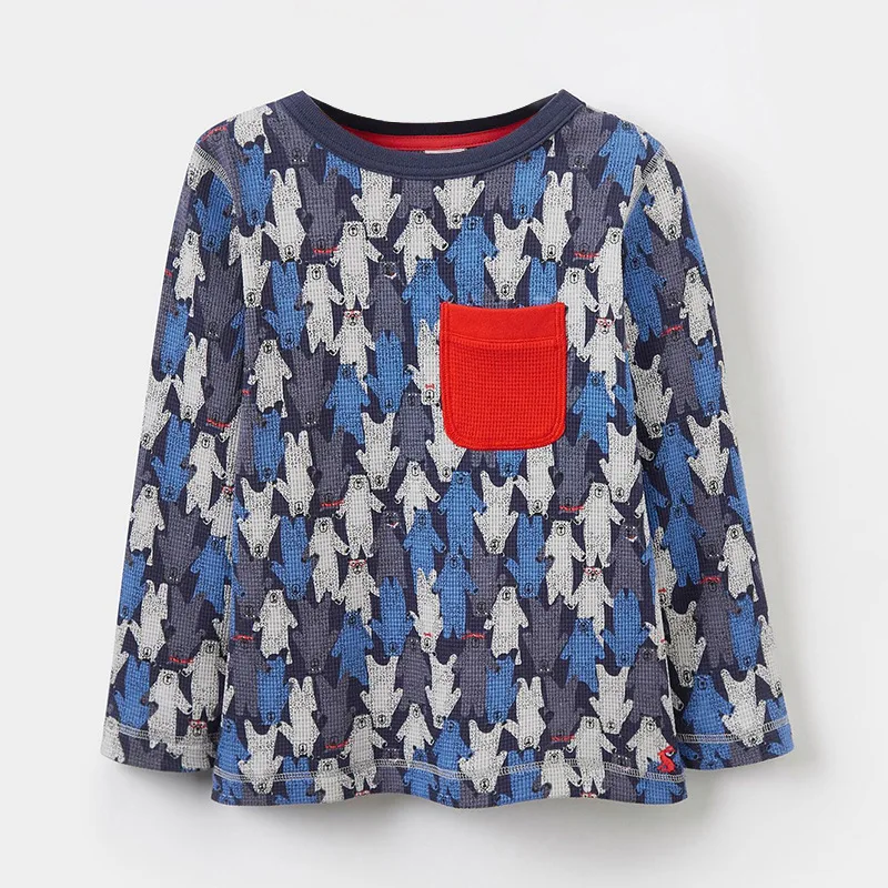 

Little Maven New Autumn Spring Blue Polar Bear Printed Full- sleeved Pocket O-neck Cotton Boys 1-6yrs Knitted Casual Tshirt
